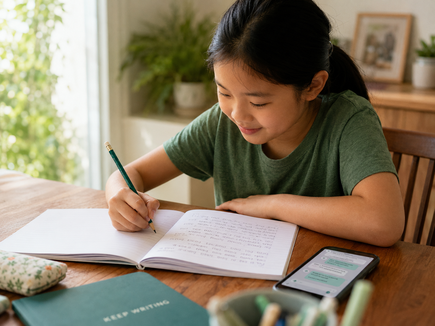 A Singaporean primary school student writing confidently in her composition book, with Teacher Ailynn's chat coaching visible on a phone beside her.