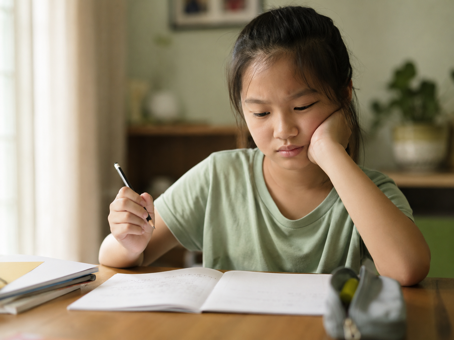 A Singaporean primary school student pausing thoughtfully over her composition book at home.